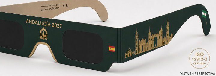 Gafas de eclipse Andalucía 2027 en cartón verde y oro