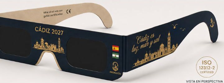 Gafas de eclipse Cádiz 2027 en cartón marino y oro